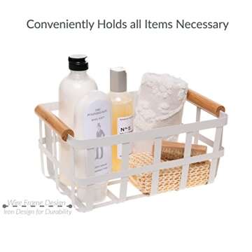 Simplify Rectangular Metal Storage Basket with Bamboo Handles | Large | Farmhouse Style Wire Basket | Home Organizer | Decorative | Rustic | White