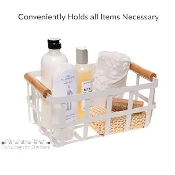 Simplify Rectangular Metal Storage Basket with Bamboo Handles | Large | Farmhouse Style Wire Basket | Home Organizer | Decorative | Rustic | White