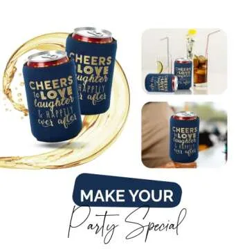 Wedding Can Cooler Decorations - 12 Cheers to Love Laughter and Happily Ever After, Rehearsal Dinner Favors, Wedding Supplies - Bridal Showers, Engagements Party Favors (Navy Blue, Regular)