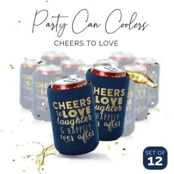 Wedding Can Cooler Decorations - 12 Cheers to Love Laughter and Happily Ever After, Rehearsal Dinner Favors, Wedding Supplies - Bridal Showers, Engagements Party Favors (Navy Blue, Regular)