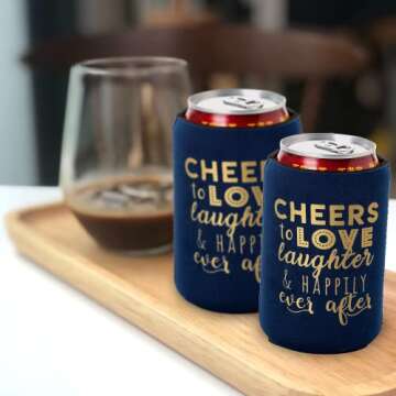 Wedding Can Cooler Decorations - 12 Cheers to Love Laughter and Happily Ever After, Rehearsal Dinner Favors, Wedding Supplies - Bridal Showers, Engagements Party Favors (Navy Blue, Regular)