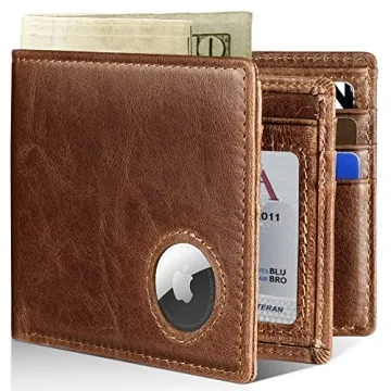 Stylish Mens Wallet With AirTag Holder, Bifold Leather RFID Blocking