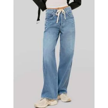 PLNOTME Womens Baggy Wide Leg Jeans Boyfriend Drawstring High Waisted Mom Denim Pants with Pockets Light Blue