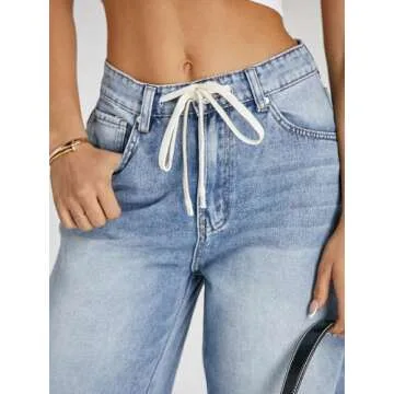 PLNOTME Womens Baggy Wide Leg Jeans Boyfriend Drawstring High Waisted Mom Denim Pants with Pockets Light Blue