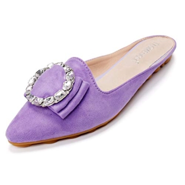 Women's Suede Leather Mules Mules for Woman Rhinestone Flats Comfortable Slip on Women Mule Shoe Pur...