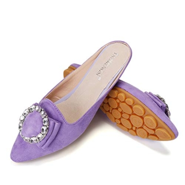 Women's Suede Leather Mules Mules for Woman Rhinestone Flats Comfortable Slip on Women Mule Shoe Purple Size 7