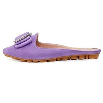 Women's Suede Leather Mules Mules for Woman Rhinestone Flats Comfortable Slip on Women Mule Shoe Purple Size 7
