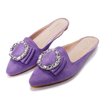 Women's Suede Leather Mules Mules for Woman Rhinestone Flats Comfortable Slip on Women Mule Shoe Purple Size 7