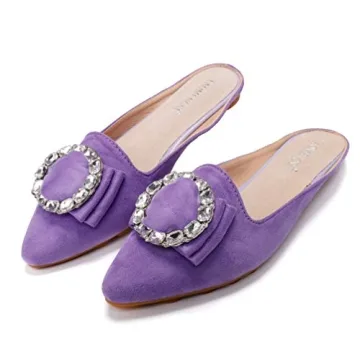 Women's Suede Leather Mules Mules for Woman Rhinestone Flats Comfortable Slip on Women Mule Shoe Purple Size 7