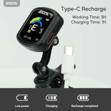 Aroma Guitar Tuner Clip On Rechargeable for Fast Accurate Tuning