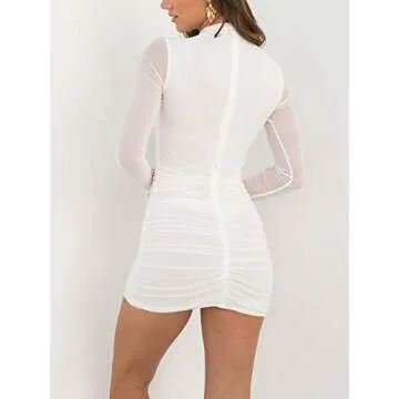 Just Quella Women's Bodycon Dress White Long Sleeve Sexy Mesh Pencil Evening Party Dresses (S, White)