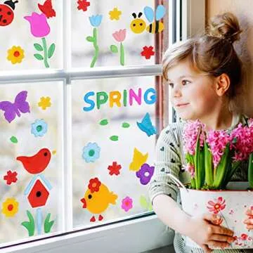 Whaline 7 Sheets Spring Window Gel Clings Flowers Butterflies Bee Beetle Bird Double Side Window Jelly Stickers Decals Decorations for Refrigerators Bedroom Home Office School Holiday Party Gift
