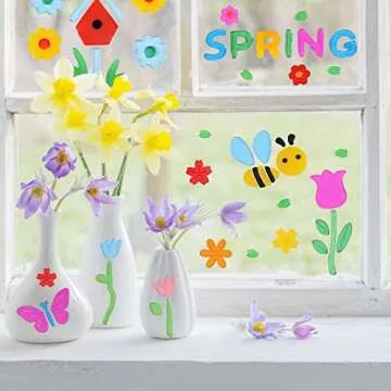 Whaline 7 Sheets Spring Window Gel Clings Flowers Butterflies Bee Beetle Bird Double Side Window Jelly Stickers Decals Decorations for Refrigerators Bedroom Home Office School Holiday Party Gift