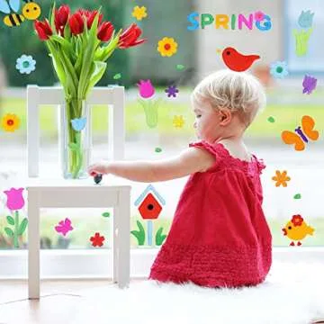 Whaline 7 Sheets Spring Window Gel Clings Flowers Butterflies Bee Beetle Bird Double Side Window Jelly Stickers Decals Decorations for Refrigerators Bedroom Home Office School Holiday Party Gift