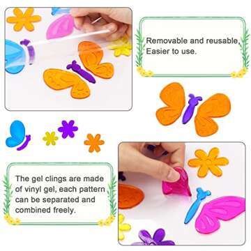 Whaline 7 Sheets Spring Window Gel Clings Flowers Butterflies Bee Beetle Bird Double Side Window Jelly Stickers Decals Decorations for Refrigerators Bedroom Home Office School Holiday Party Gift