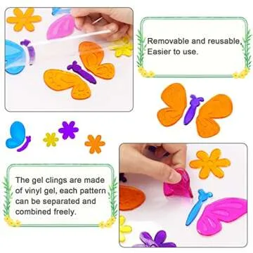Whaline 7 Sheets Spring Window Gel Clings Flowers Butterflies Bee Beetle Bird Double Side Window Jelly Stickers Decals Decorations for Refrigerators Bedroom Home Office School Holiday Party Gift