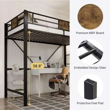 Allewie Metal Twin Size Loft Bed Frame with Stairs & Guardrail, Small Space Saving Furniture for Bedroom Kid Room and Dorm, No Box Spring Needed, Black