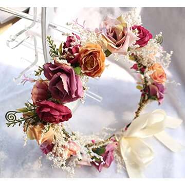 Vivivalue Rose Flower Crown Boho Flower Headband Hair Wreath Floral Headpiece Halo with Ribbon Wedding Party Festival Photos Pink