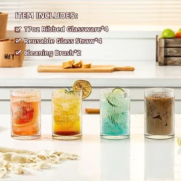 INSETLAN 17oz Ribbed Glassware Set Vintage Origami Cups