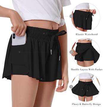 Girls Flowy Shorts Butterfly Shorts for Kids with Pocket 2-in-1 Athletic Shorts Running Shorts for Girls Youth Teen Active Workout Sports (Black# Girls, Small)