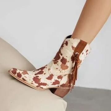 Scaoruki Women Fringe Cowgirl Ankle Boots Block Mid Heels Western Booties Squere Toe Tassel Cowboy Boots Cow Print Botas Vaqueras para Mujer Size 41
