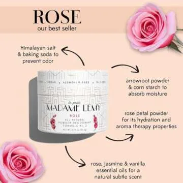 Madame Lemy Talc-Free Powder - Multi-Purpose Deodorant & Body Powder- All-Natural, Aluminium-Free, Vegan & Plastic-Free - Luxurious Puff & Container - Anti-Chafing Formula | Rose, 2.5 oz