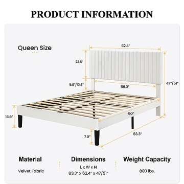 SHA CERLIN Queen Upholstered Platform Bed Frame with Vertical Channel Tufted Velvet Fabric Adjustabl...