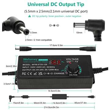 120W Universal Power Supply Adjustable DC 3V ~ 24V Variable Switching AC/DC Adapter 100V-240V AC to DC 24V 5A Converter with 14 Tips & Polarity Converter - 5000mA Max
