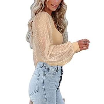 PINKMSTYLE Women's Long Sleeve Off The Shoulder Tops Square Neck Bodysuit Sheer Polka Dots Shirts Basic Jumpsuit Fall Outfits Nude Small
