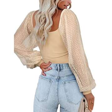 PINKMSTYLE Women's Long Sleeve Off The Shoulder Tops Square Neck Bodysuit Sheer Polka Dots Shirts Basic Jumpsuit Fall Outfits Nude Small