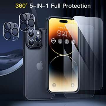 Humixx [5 in 1 Shockproof Designed for iPhone 14 Pro Max Phone Case, [2X Screen Protector + 2X Lens Protector] [Military Drop Protection] Slim Translucent Matte Case 6.7'' Black