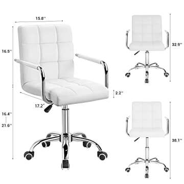 Furmax Mid-Back Office Task Chair Ribbed PU Leather Executive Modern Adjustable Home Desk Retro Comfortable Work Chair 360 Degree Swivel with Arms (White)