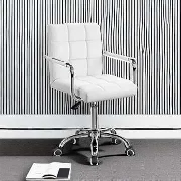 Furmax Mid-Back Office Task Chair Ribbed PU Leather Executive Modern Adjustable Home Desk Retro Comfortable Work Chair 360 Degree Swivel with Arms (White)