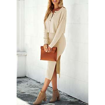 Viottiset Women's 2 Piece Outfits Sweater Dress Set Long Sleeve Crop Top Knit Bodycon Slit Midi Skirt Dresses Beige S