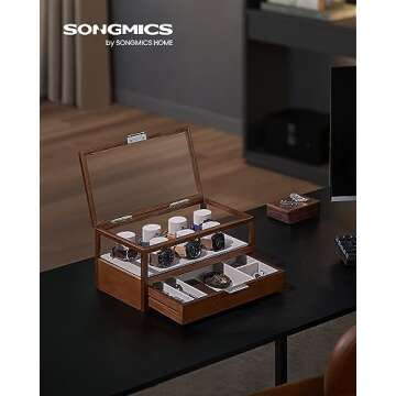 SONGMICS 2-Tier Wooden Watch Case, Watch Display Box, Watch Holder with 7 Pillars, Drawer, Acrylic, Solid Wood Top and Veneer, Velvet Lining, Gift for Loved Ones, Coffee Brown UJOW007K01