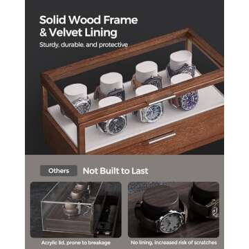 SONGMICS 2-Tier Wooden Watch Case, Watch Display Box, Watch Holder with 7 Pillars, Drawer, Acrylic, Solid Wood Top and Veneer, Velvet Lining, Gift for Loved Ones, Coffee Brown UJOW007K01