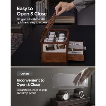 SONGMICS 2-Tier Wooden Watch Case, Watch Display Box, Watch Holder with 7 Pillars, Drawer, Acrylic, Solid Wood Top and Veneer, Velvet Lining, Gift for Loved Ones, Coffee Brown UJOW007K01