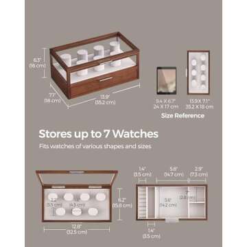 SONGMICS 2-Tier Wooden Watch Case, Watch Display Box, Watch Holder with 7 Pillars, Drawer, Acrylic, Solid Wood Top and Veneer, Velvet Lining, Gift for Loved Ones, Coffee Brown UJOW007K01