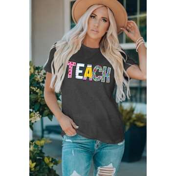 ELDPS Teacher Shirts for Women: Funny Teach T Shirt Teacher Life Tees Cute Teachers Gifts Tops Blouse Grey, Medium