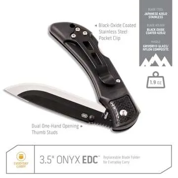 OUTDOOR EDGE 3.5" Onyx EDC - Replaceable Blade Folding Pocket Knife with Dual Thumb Opener and Pocket Clip with 3 Blades