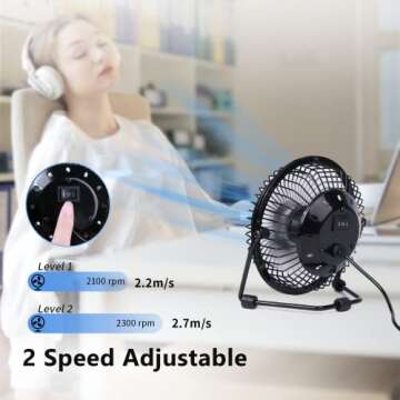 Zuvas Desk Fan Quiet Small USB Fan 360° Rotation Portable Table Fan 2 Speed Mini Personal Fan Air Cooling Electric Fan for Home Office Bedroom Travel Camping, 4 inch