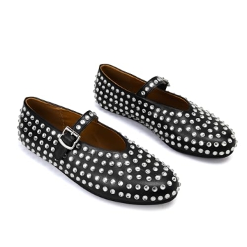 Arqa Women's Rhinestone Ballet Flats Sparkly Crystals Ballerina Shoes Buckled Straps Mesh Mary Jane Flat Casual Low Heels Black