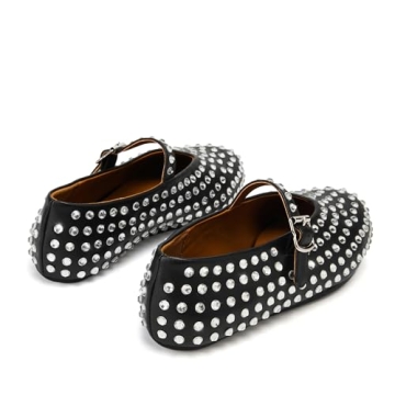 Arqa Women's Rhinestone Ballet Flats Sparkly Crystals Ballerina Shoes Buckled Straps Mesh Mary Jane Flat Casual Low Heels Black