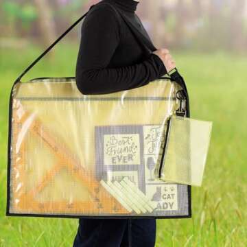 BERYA 2 Pcs Art Portfolio Bag, 19x25 Inches Artwork Storage Case with Handle and Zipper, Large Clear Waterproof Poster Storage Bag for Posters Artwork Bulletin Board (Yellow and White)