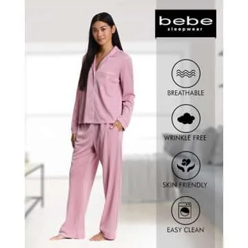 bebe Pink Pajamas for Women Set Metallic Shimmer, Womens Button Down Pajama Sets Loungewear (Rose Shadow, Small)