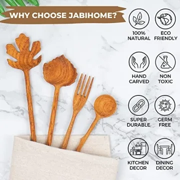 JABIHOME 4 Wooden Spoons and Forks Set for Kitchen Gifts