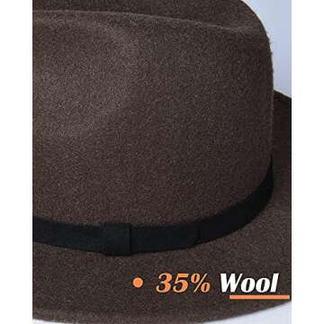 FURTALK Fedora Hats for Women Men Wide Brim Felt Fedora Hat Womens Wool Belt Buckle Fedora Hat Brown