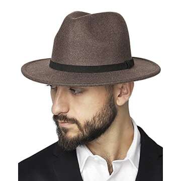 FURTALK Fedora Hats for Women Men Wide Brim Felt Fedora Hat Womens Wool Belt Buckle Fedora Hat Brown
