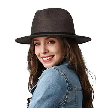 FURTALK Fedora Hats for Women Men Wide Brim Felt Fedora Hat Womens Wool Belt Buckle Fedora Hat Brown