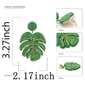 Large Palm Leaf Earrings Sunflower Cactus Handmade Braided Beaded Dangle Earring Bohemia Tree Seed Bead Drop Earrings Resin Bridal Plant Leaves Statement Earrings for Women Boho Wedding Jewelry-green